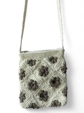 Vintage Amanda Smith Crochet Cream & Tan Floral Crossbody Bag Mini Purse